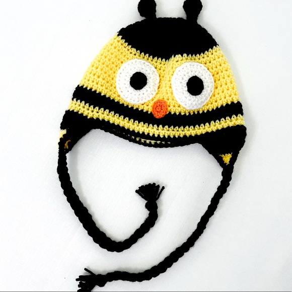 Hand Crafted Accessories - HANDMADE Crochet BEE Beanie crocheted BEE hat Toboggan with tassels yellow black